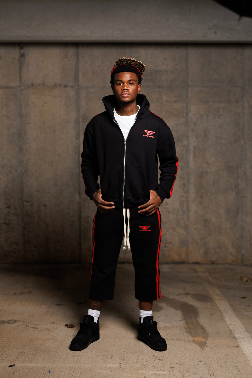 Black/Red Structured Long Shorts Set