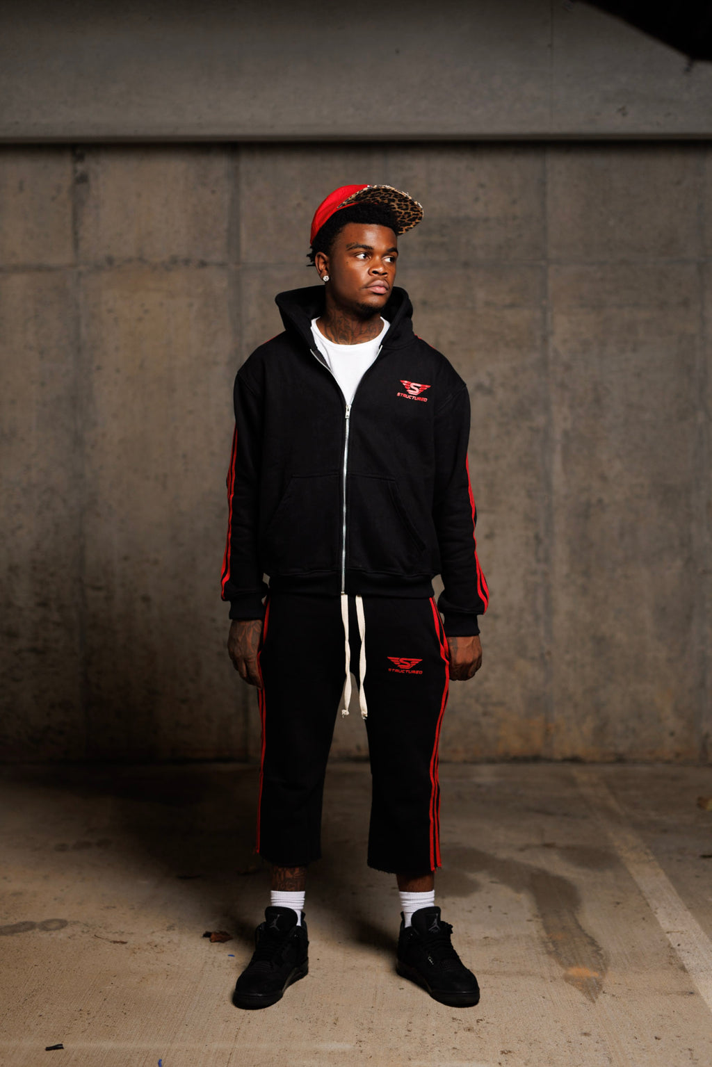 Black/Red Structured Long Shorts Set
