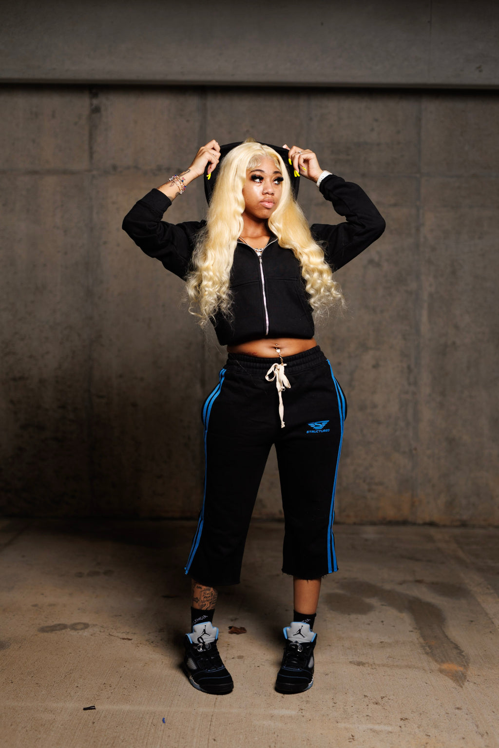 Black/University Blue Structured Long Shorts Set