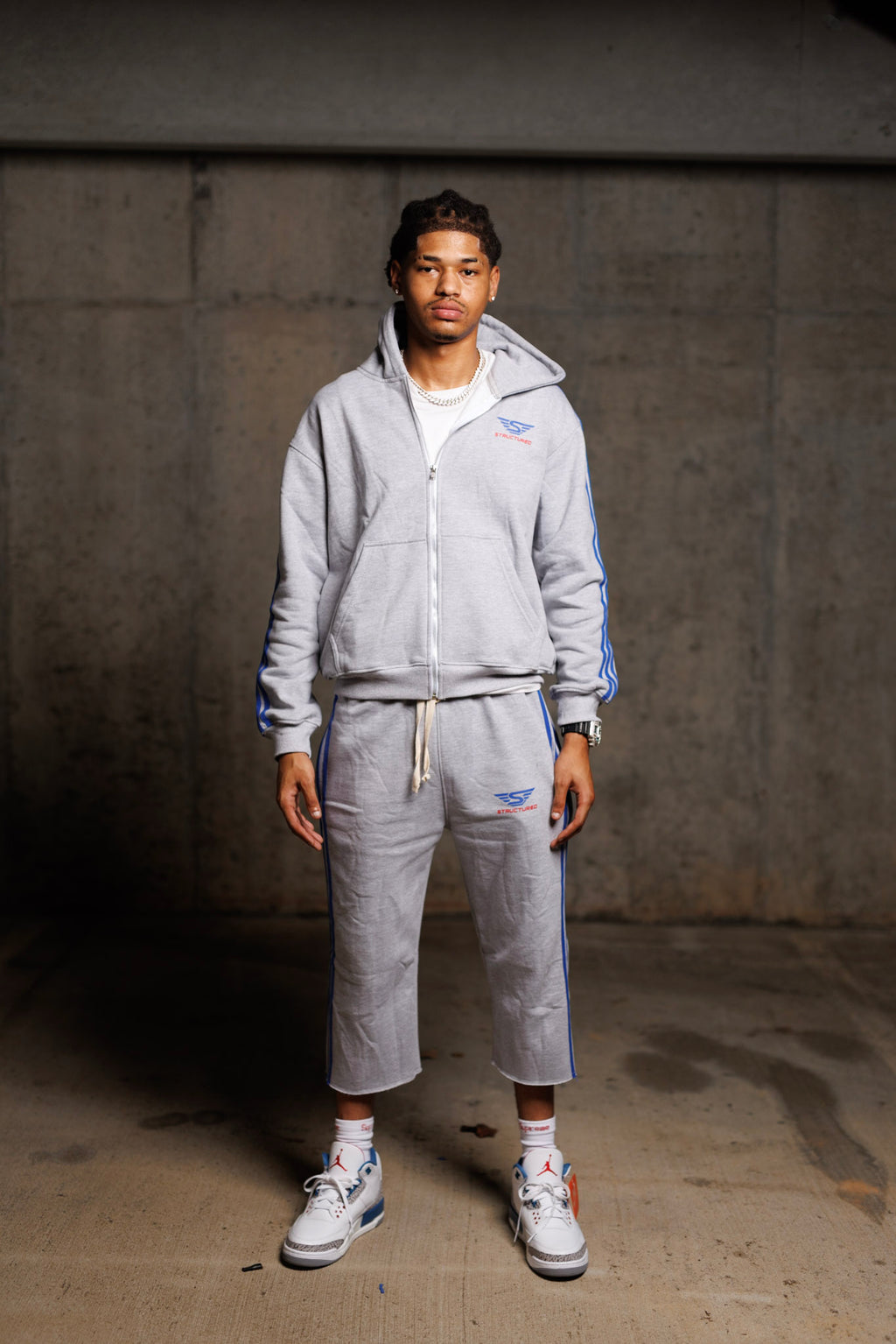 Grey/True blue/Red Structured Long Shorts Set