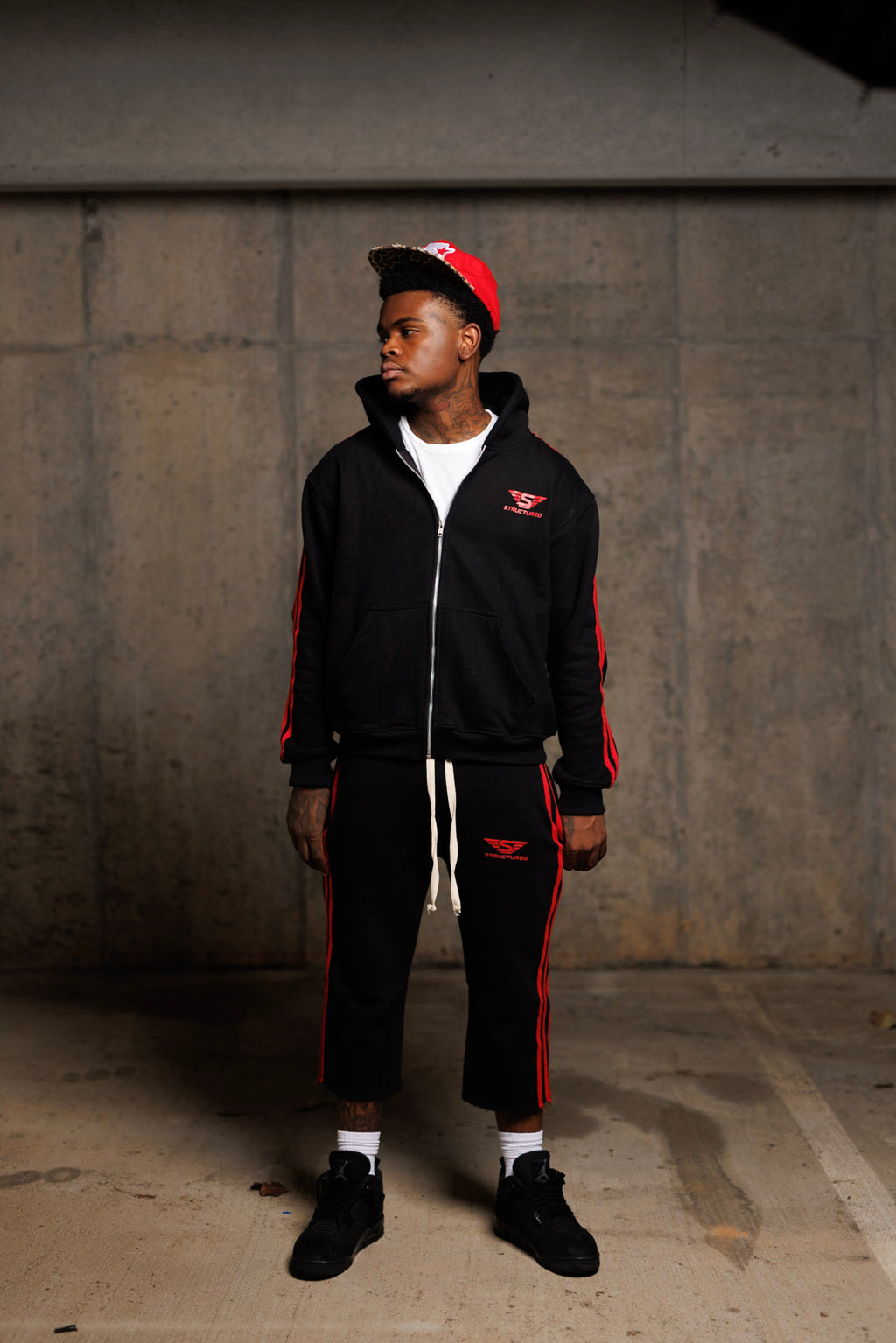 Black/Red Structured Long Shorts Set