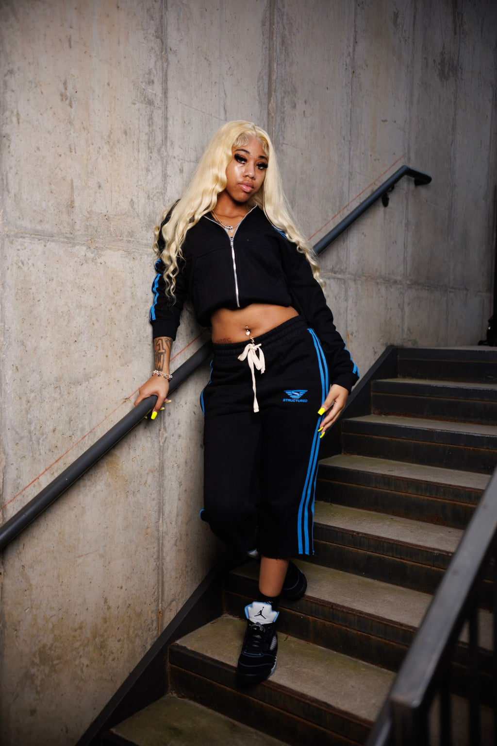 Black/University Blue Structured Long Shorts Set