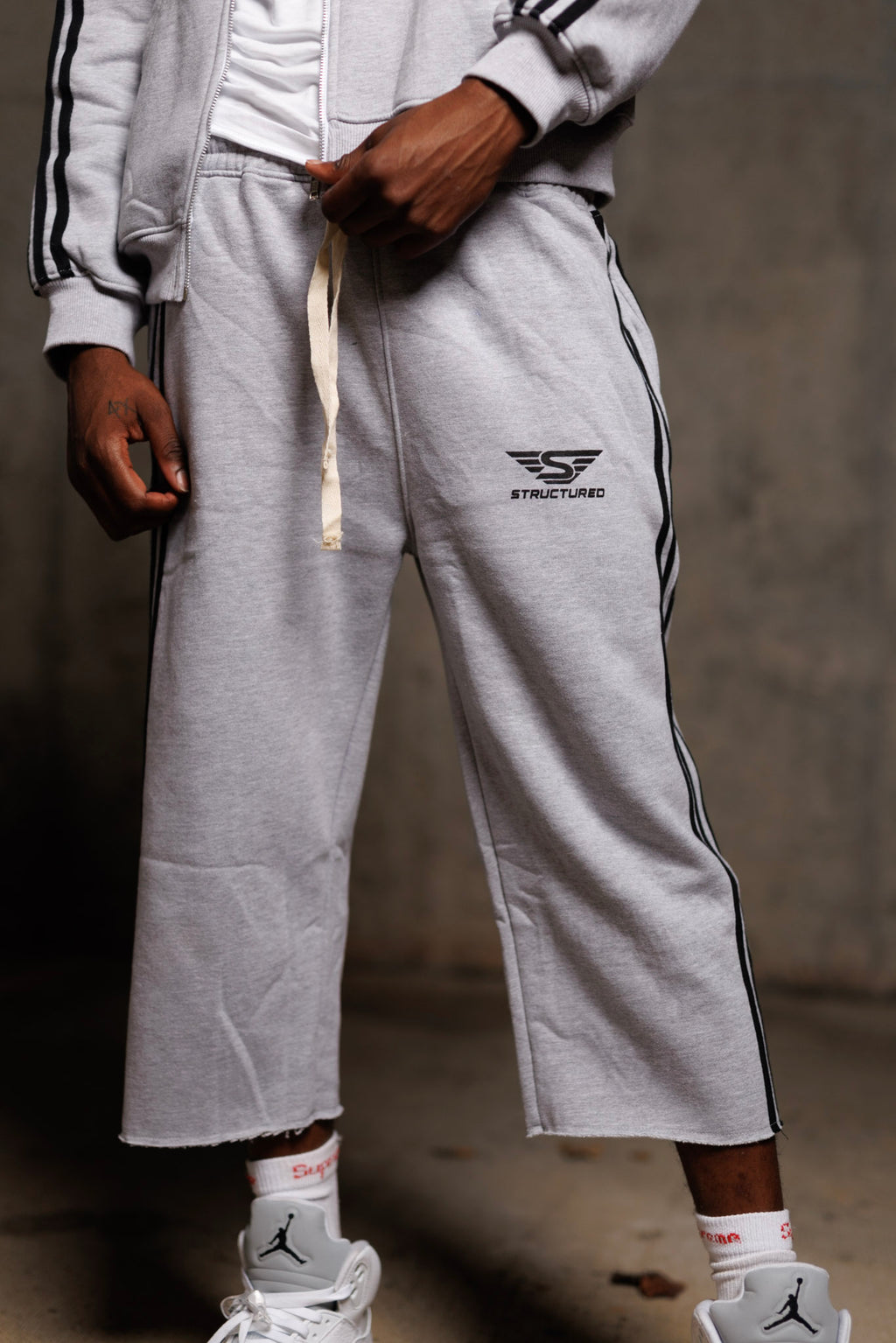 Grey/Black Structured Long Shorts Set