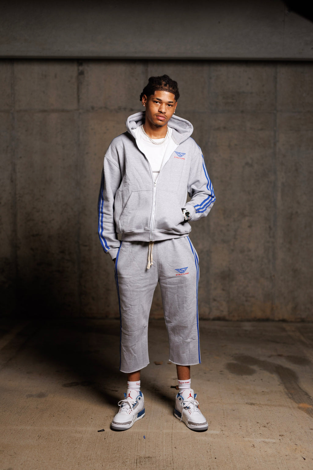 Grey/True blue/Red Structured Long Shorts Set